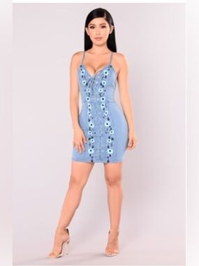 🆕 Denim Blue Embroidered Lace-Up Mini Dress